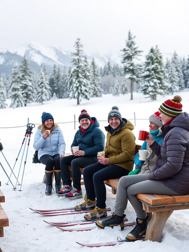 A group of NEV members socializing and enjoying refreshments after a skiing session, highlighting the community engagement aspect of the club.