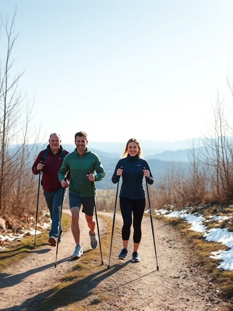 A picture of participants in a Nordic walking session, using poles and walking on a designated trail in Vallouise.