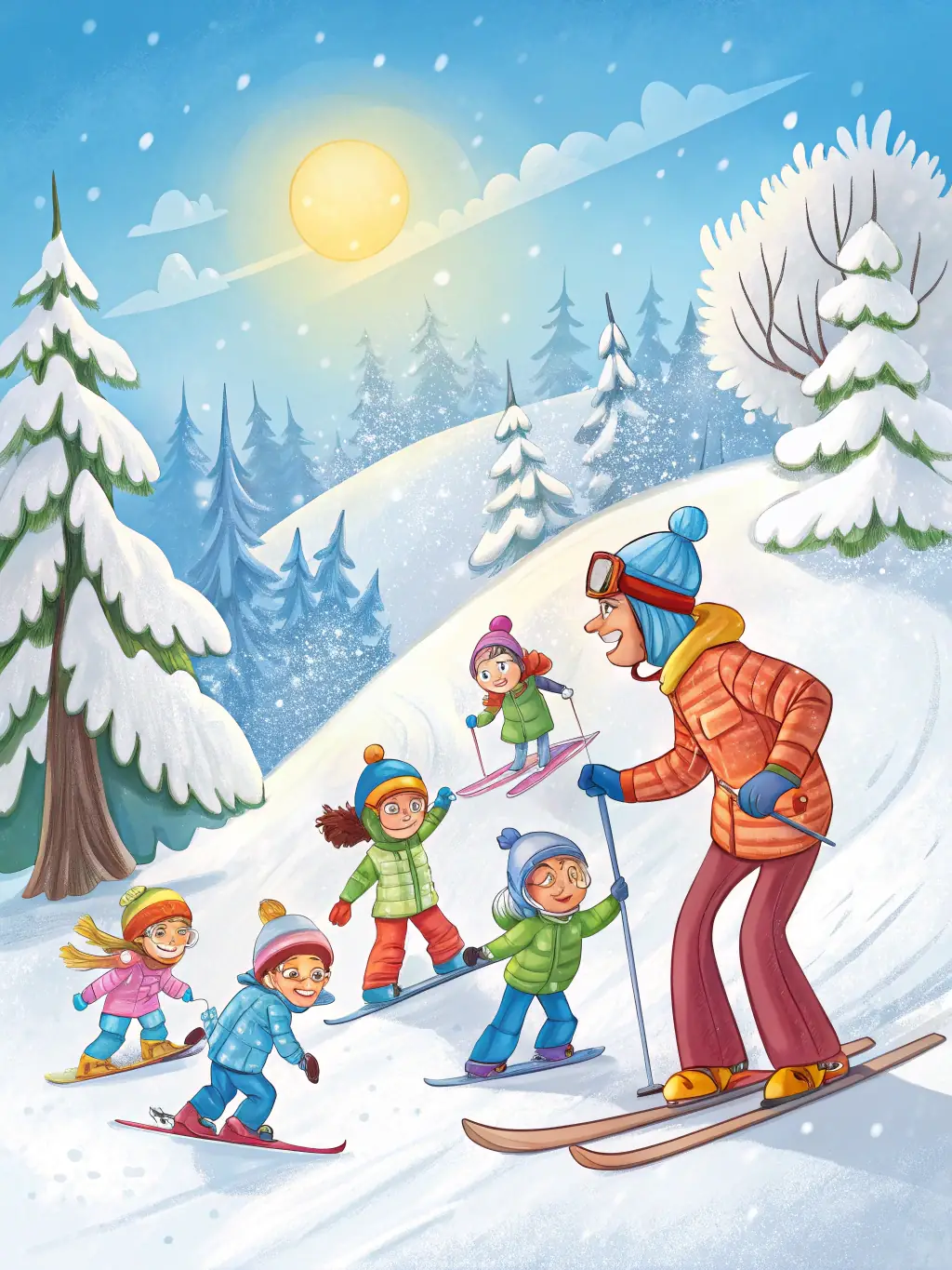 A group of skiers receiving guidance from an instructor on a snowy trail in Vallouise, emphasizing the structured support provided by NEV.