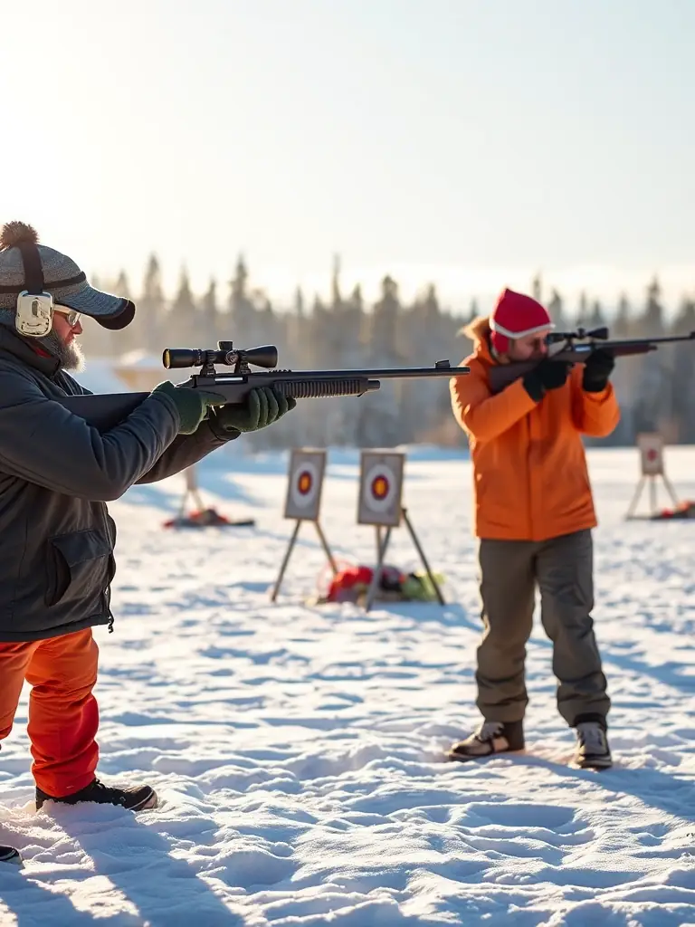 A photo of adults participating in a biathlon training session, focusing on both skiing and target shooting, set against the backdrop of the Vallouise mountains.