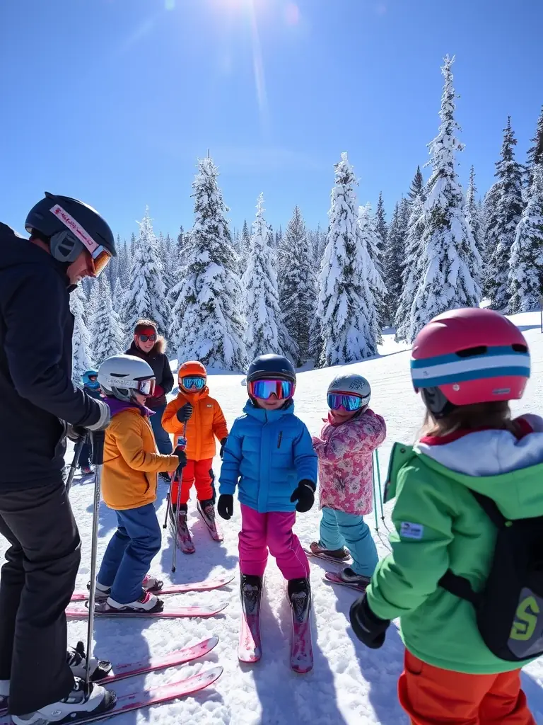 A group of children participating in a cross-country skiing lesson in a snowy field in Vallouise, with an instructor demonstrating proper technique.