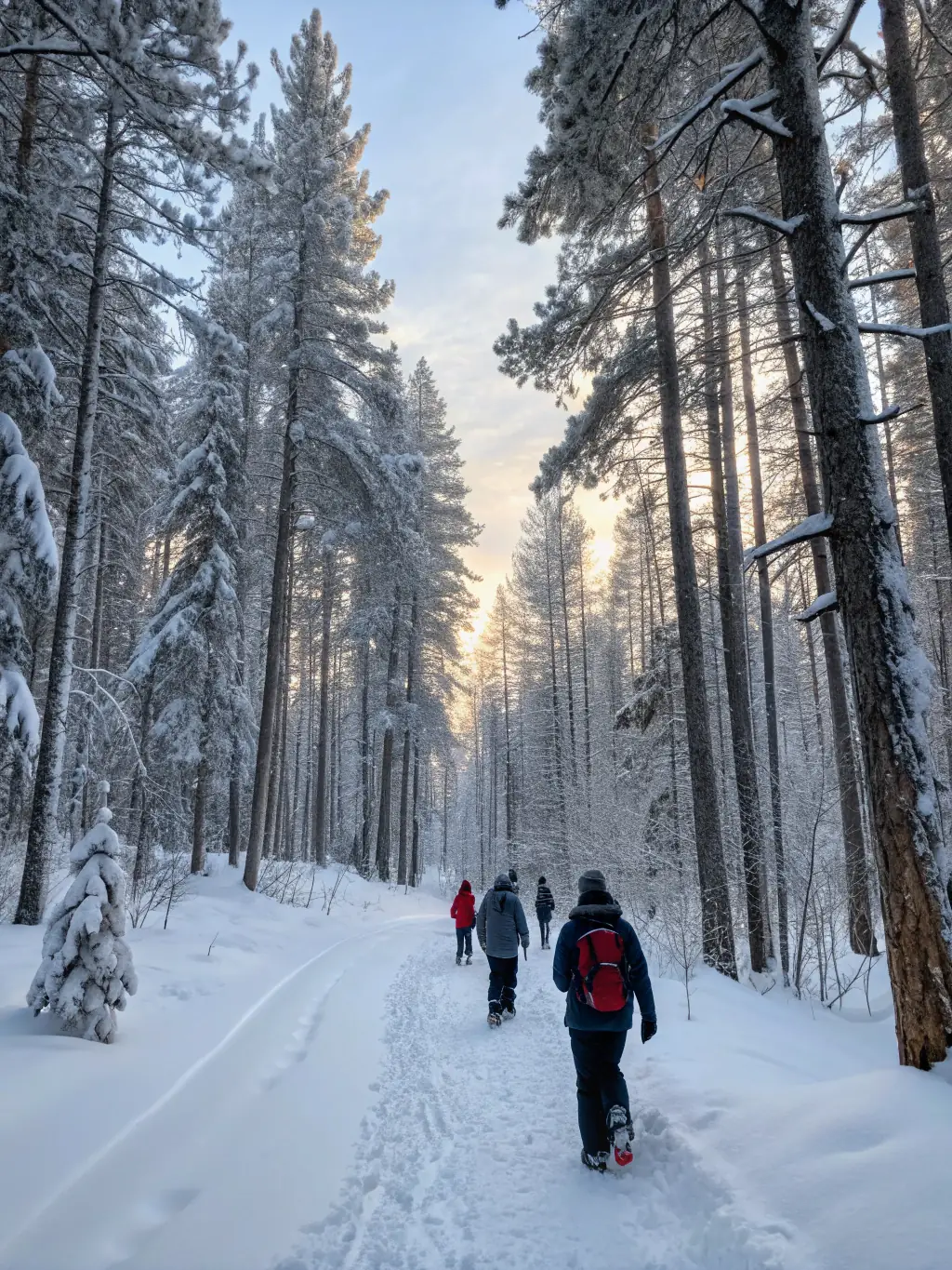 A scenic image of a group snowshoeing through a snowy trail in Vallouise, showcasing the beauty of the natural landscape.